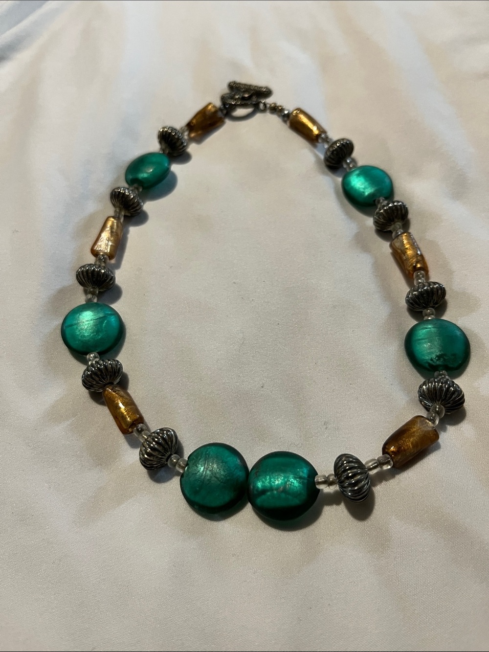 Handmade Teal and Gold Beaded Necklace - Women Jewelry